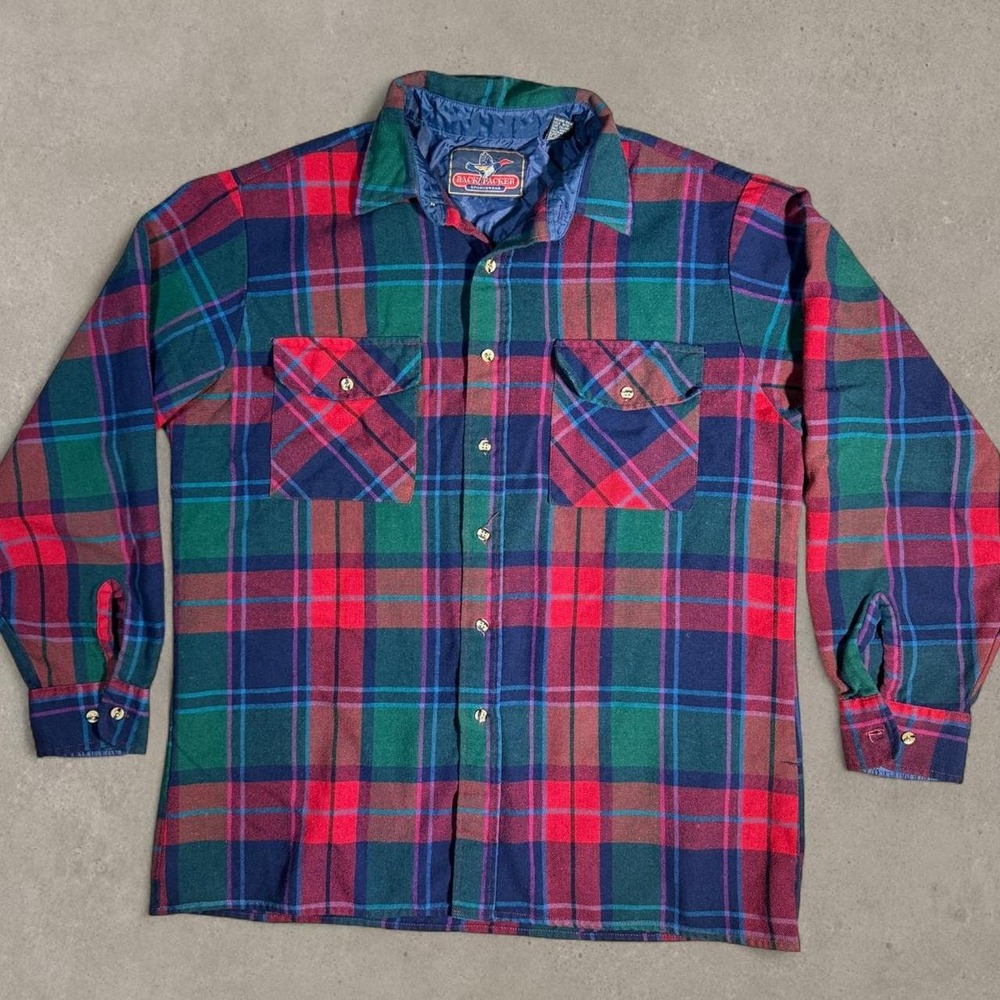 Backpacker Sportsman Flannel Shirt L Tartan Button Up Outdoors Red Green Blue